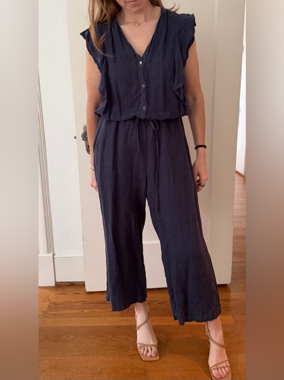 Velvet Navy Button-Front V-Neck Ruffle Sleeve Jumpsuit